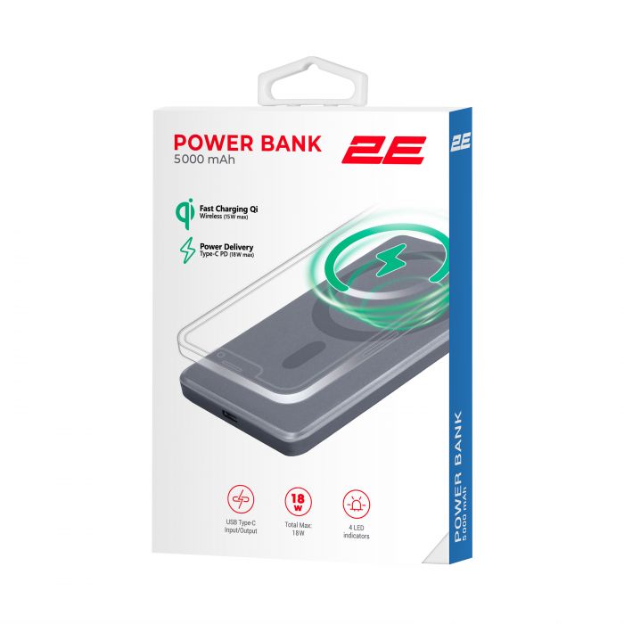 Акумулятор портативний літій-іонний Power Bank 2E Slim Wireless QI 5000мА·год, 18Вт, PD, сірий