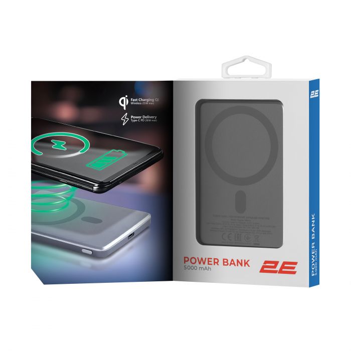 Акумулятор портативний літій-іонний Power Bank 2E Slim Wireless QI 5000мА·год, 18Вт, PD, сірий