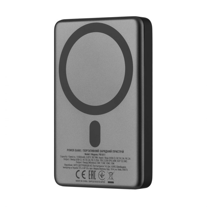 Акумулятор портативний літій-іонний Power Bank 2E Slim Wireless QI 10000мА·год, 20Вт, PD, сірий