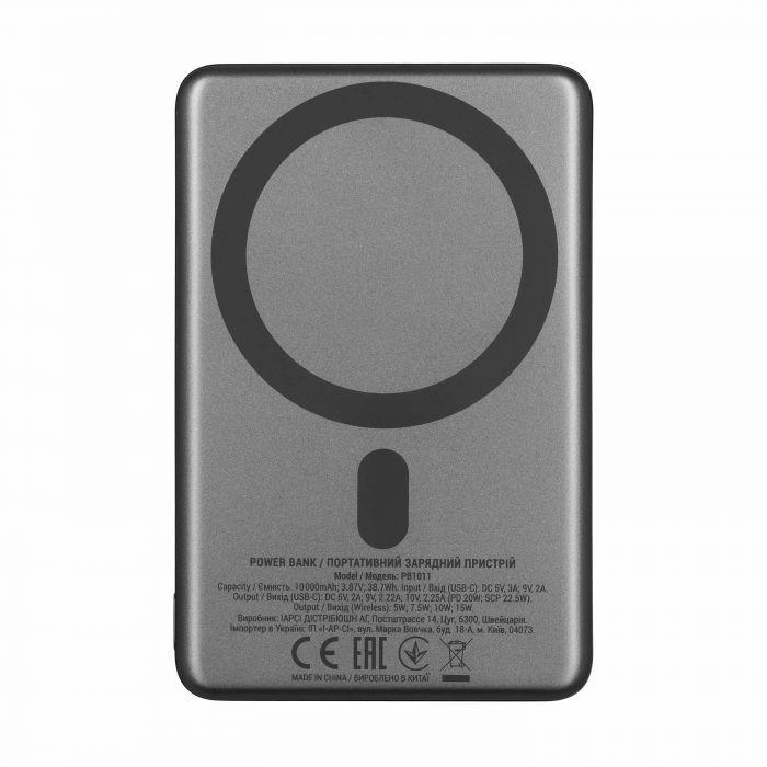 Акумулятор портативний літій-іонний Power Bank 2E Slim Wireless QI 10000мА·год, 20Вт, PD, сірий