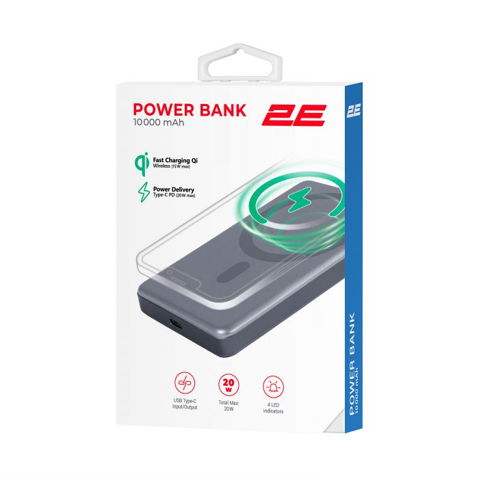 Акумулятор портативний літій-іонний Power Bank 2E Slim Wireless QI 10000мА·год, 20Вт, PD, сірий