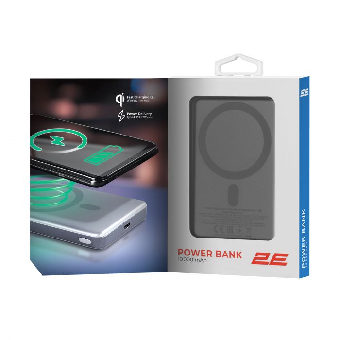 Акумулятор портативний літій-іонний Power Bank 2E Slim Wireless QI 10000мА·год, 20Вт, PD, сірий
