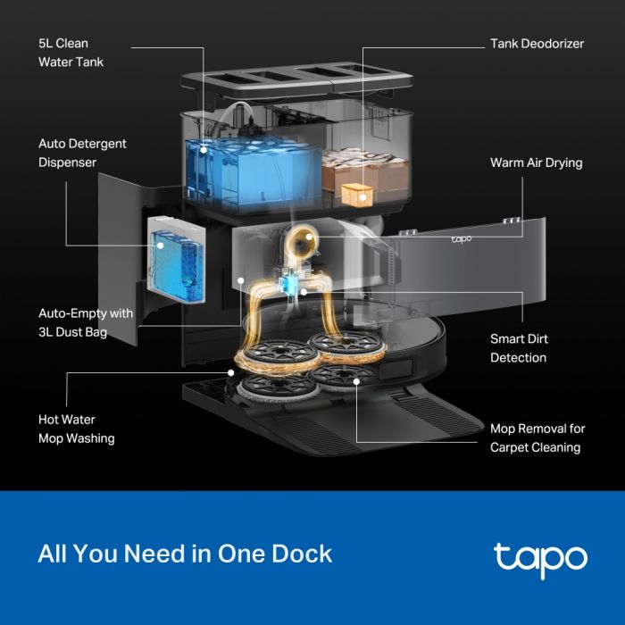 Робот-пилосмок TP-LINK TAPO RV 50 PRO OMNI з вологим прибиранням + розумна док-станція з функцією автоматичного спорожнення