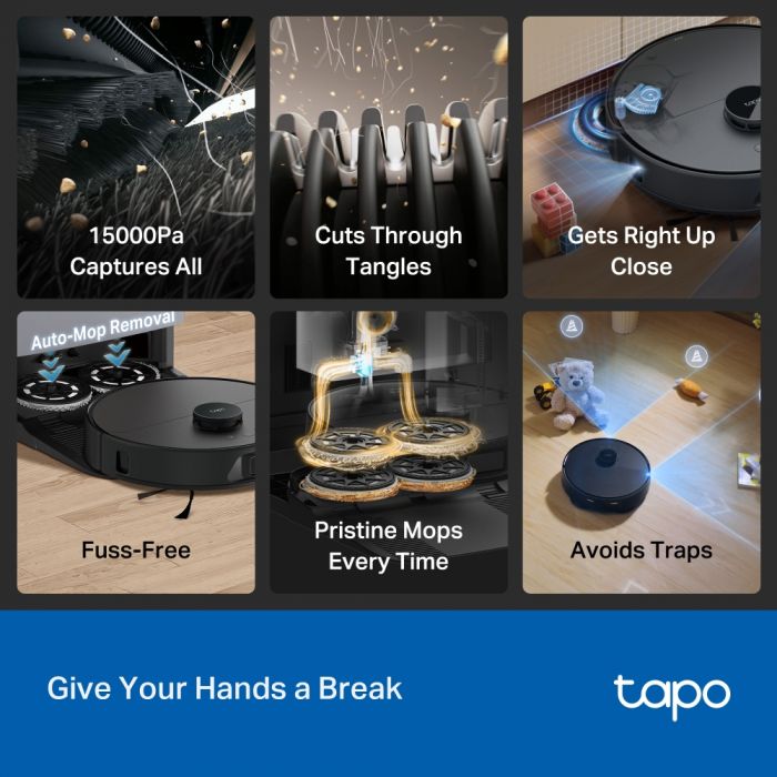 Робот-пилосмок TP-LINK TAPO RV 50 PRO OMNI з вологим прибиранням + розумна док-станція з функцією автоматичного спорожнення