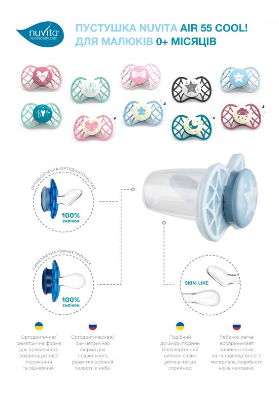 Пустушка Nuvita Air55 Cool 0міс+, ортодонтична, з ковпачком, LOVE рожевий