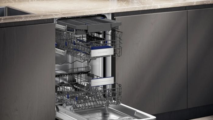 Посудомийна машина Siemens вбудована, 10компл., A+, 45см, дисплей, 3й кошик, Zeolith, білий