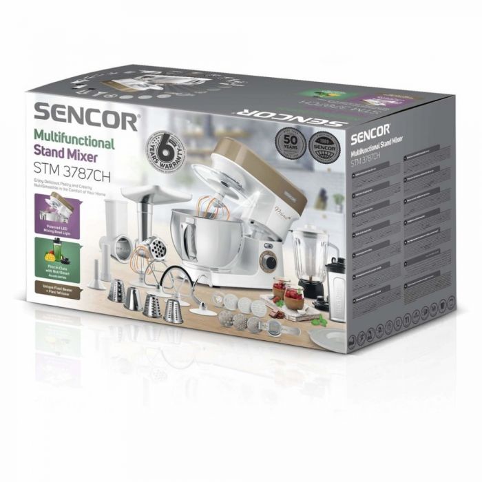 Кухонна машина Sencor 1200Вт, чаша-метал, корпус-пластик, насадок-19, коричнево-білий
