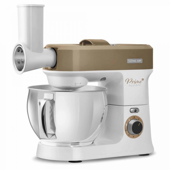 Кухонна машина Sencor 1200Вт, чаша-метал, корпус-пластик, насадок-19, коричнево-білий