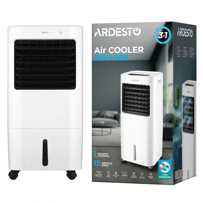 Охолоджувач повітря ARDESTO ACO-B15 3в1 охолоджувач-зволожувач-вентилятор, 15 м2, ел. кер-ня, резервуар 15 л., 410 м3/год, дисплей, таймер, авто вим-ня, пульт дк, біл/чорн